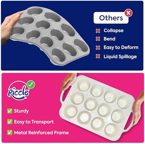 RICCLE Silicone Muffin Pans for Baking with Metal Reinforced Frame, 12-Cup Cupcake Pan, 2 Pcs Muffin Trays for Cupcake Baking, Tray Molds, Oven & Dishwasher Safe, BPA-Free (2 x Standard)