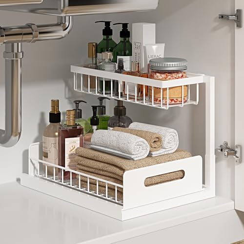 REALINN Under Sink Organizer, L-Shaped 2 Tier Pull Out Cabinet Organizer