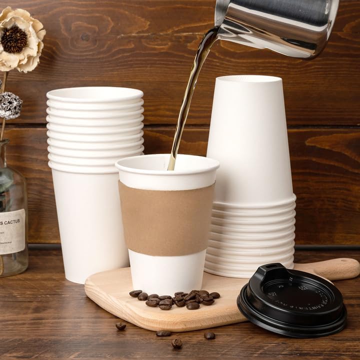 RACETOP 12 oz 100 Pack Disposable Paper Coffee Cups with Lids and Sleeves