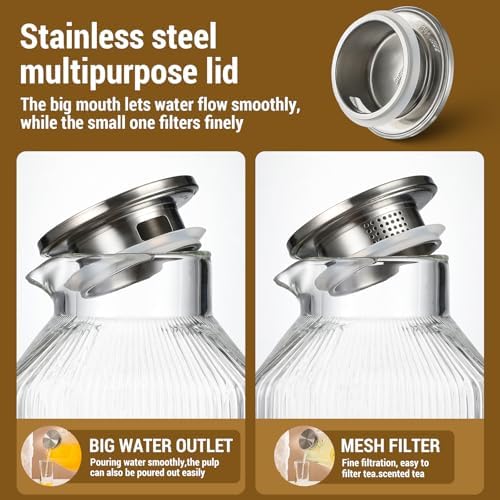 2 Pack 1 Gallon thickened Square Glass Pitcher with Lid, Classic Stripes Water Pitchers for Fridge, Borosilicate Glass Carafe for Hot/Cold Brew Drink, Extra Large Jug with Handle for Iced Tea, Coffee