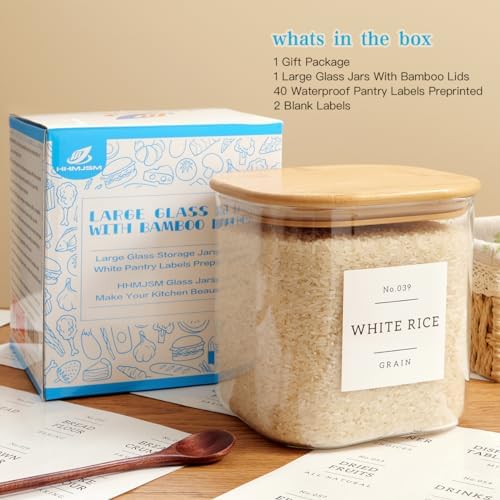 HHMJSM Large Glass Flour and Sugar Containers with 42 Kitchen Pantry Labels - 85 Oz Glass Food Storage Containers with Airtight Lids - Square Glass Jars with Bamboo Lids for Rice, Pasta, Cookies