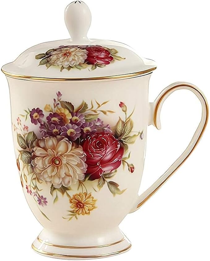 Ceramic Mug,Fine Bone China Tea Cup, Tea Mugs for Women, Tea Cup with Lid, Suitable for Making Tea, Cold Drinks, Hot Drinks, Coffee, Etc, 10 oz