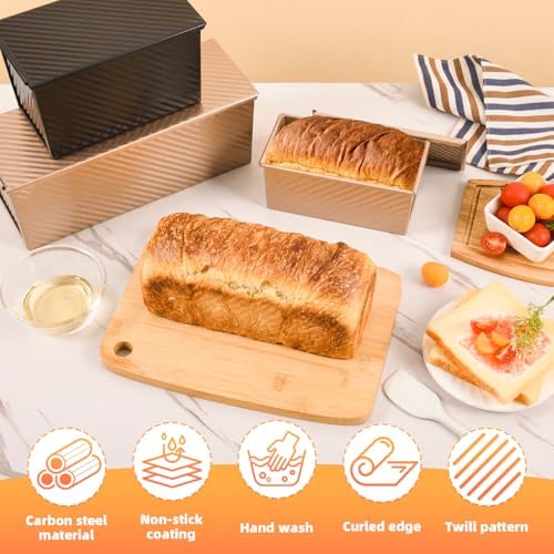 3 PCS Pullman Loaf Pan with Lid, 2.2 lb & 1 lb & 0.8 lb Dough Capacity, Nonstick Carbon Steel Sandwich Bread Pans with Covers for Homemade Sourdough Baking