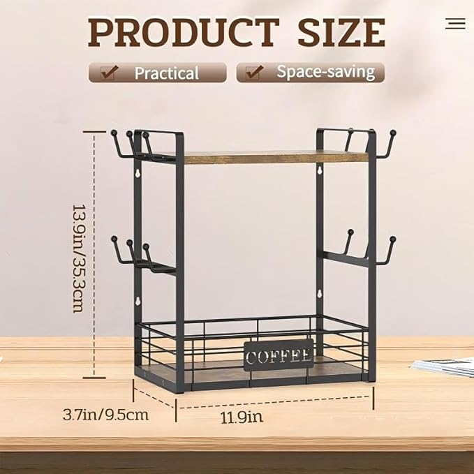 Coffee Mug Rack with 12 Hooks, 2-Tier Coffee Cup Holder with Shelf and Storage Basket, Kitchen Mug Organizer for Bar Kitchen Déco