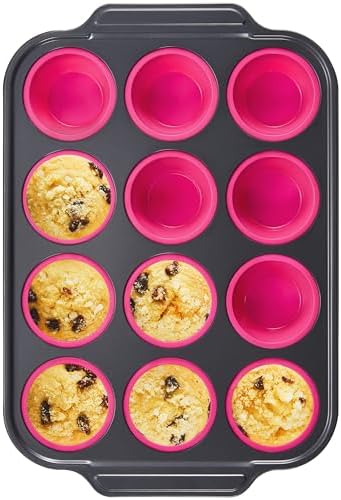 BRONYPRO Silicone Muffin Pans for Baking with Metal Frame, Egg Bite Molds, Cupcake Pans 12 Regular Size, Muffin Tins Easy to Pop Nonstick Non Toxic Bakeware for Oven,Rose Pink
