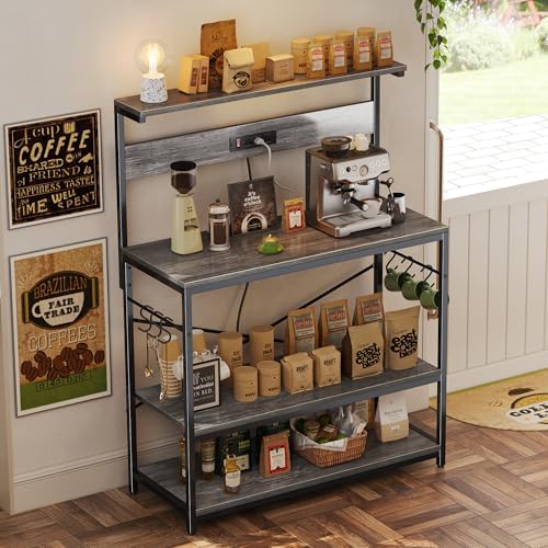 SUPERJARE Bakers Rack with Power Outlets, Microwave Stand, 39.4 X 14.3 Inch Larger Desktop, Kitchen Storage Rack with Adjustable Middle Shelf, 6 S-Shaped Hooks, Coffee Bar Stand, Grey