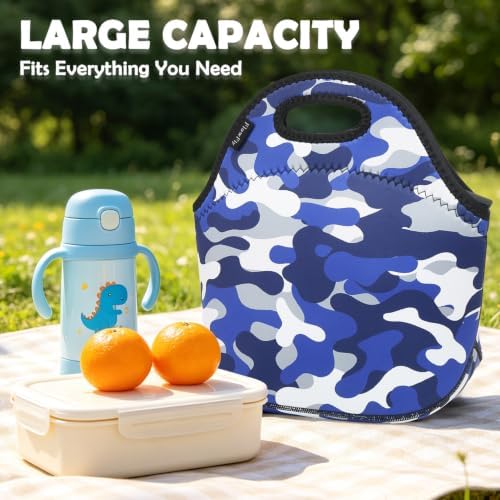 FlowFly Neoprene kids Lunch box Insulated Soft Bag Mini Cooler Thermal Meal Tote Kit for Boys, Girls,Men,Women,School,Work, Office, Blue Camo