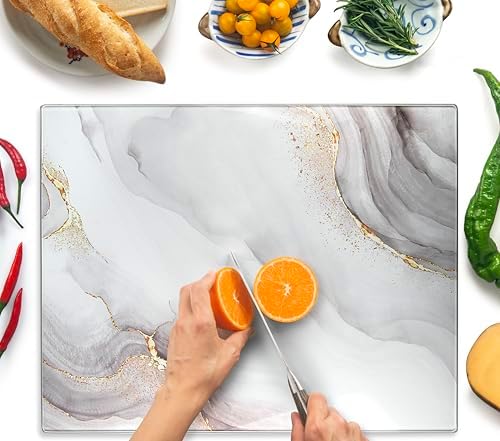 Kitchenville Glass Cutting Board 20”x16”: Tempered Glass Kitchen Counter Protector - Durable- Scratch-Resistant, Heat-Proof - Design 7 - White & Gold
