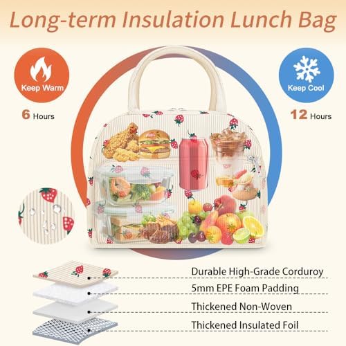 Coobiiya Corduroy Lunch Bag Lunch Box for Women Men, Cute LunchBag Lunch Tote Bags Insulated Reusable LunchBox Large Capacity Cooler Bag for Work Travel Picnic