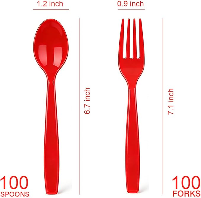 200 Count Red Plastic Silverware, Heavy Weight Plastic Forks Spoons Disposable Utensils Cutlery Set for Wedding Party Supplies Everyday Use