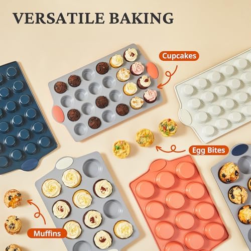 BRONYPRO Ceramic Muffin Pan, 12-Cup Nonstick Aluminized Steel Cupcake Pans, Healthy Non-Toxic Ceramic Coating Muffin tin, 2 Pack Cup Cake Pans for Baking Cream