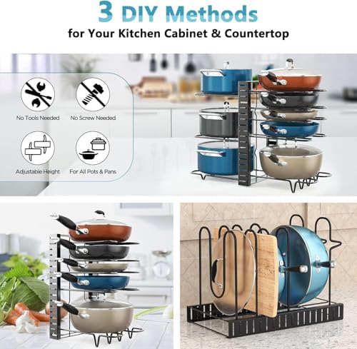 ORDORA Pots and Pans Organizer Under Cabinet 16.6", 8-Tier Adjustable Rack