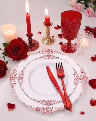 Nervure 350Pcs Red Plastic Plates, Plastic Dinnerware Set for 50 Guests
