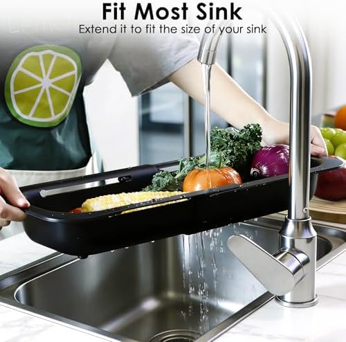 Extendable Colander Strainer Basket, Over the Sink Colander and Strainer for Kitchen, Wash Vegetables and Fruits, Drain Pasta and Dry Dishes, Adjustable Colander from 13.5In to 18.7In, Black