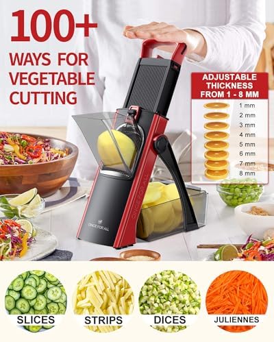 ONCE FOR ALL Safe Mandoline Slicer Plus with Peeler, Bigger Size, Red