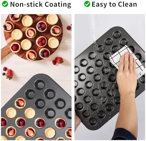 Beasea Nonstick Mini Muffin Pan 48 Cups, 2 Pack 48 Mini Small Tiny Cup Non Stick Muffin Baking Pan Tin Tray Carbon Steel Bakeware Individual Cupcake Baking Pan - Black