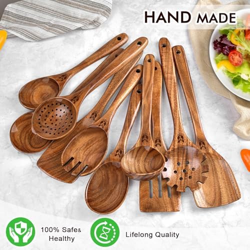 10Pcs Wooden Kitchen Utensils Set, Heat Resistant Wooden Spoons for Cooking