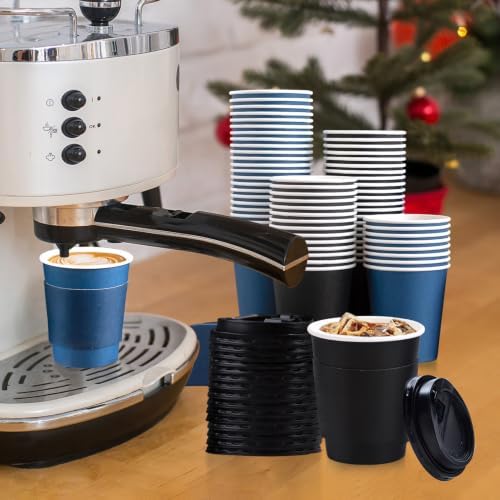 SIUQ 100 Pack 8 oz Disposable Paper Coffee Cups with Lids, Black & Blue