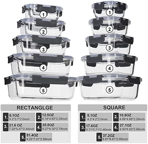 coccot Glass Food Storage Containers with Lids Airtight, Glass Meal Prep Containers for Lunch Food, Container Set, Easy to Open& Close/Microwave,Oven,Freezer,Dishwasher Safe/Leak-Proof（20 Pieces）