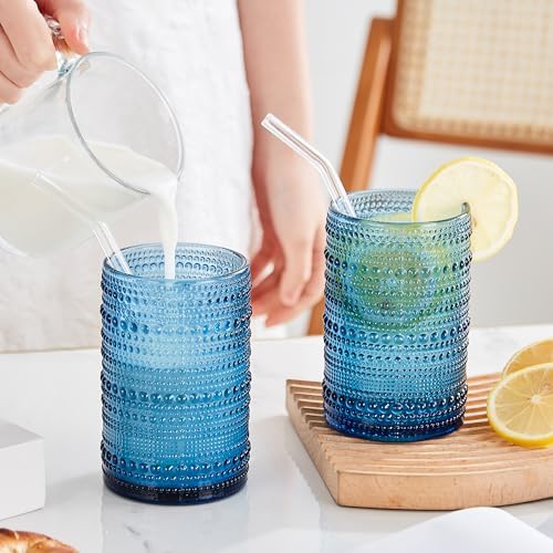 HomeVogue Hobnail Drinking Glasses Set of 12, 12oz & 15oz Vintage Glassware Set Cocktail Glass Set, Embossed Blue Water Tumbler,for Beer, Whiskey,Juice and Various Mixed Drinks (12 Pack-Blue)