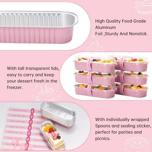 100 Pack 6.8 oz Rectangular Mini Loaf Pans with Lids and Spoons,Disposable Aluminum Foil Mini Cake Pans and Baking Tins with Sealing Stickers, Individual Pink Dessert Containers for Parties