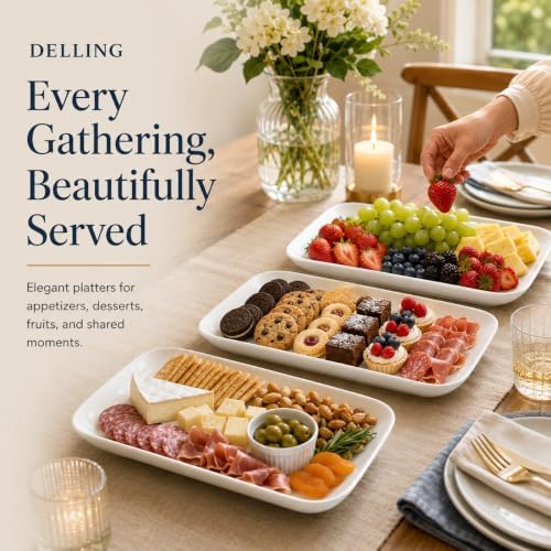 DELLING 16 Inch Large Serving Platter Set of 3, White Porcelain Platters for Serving Food - Rectangular Serving Trays for Party Entertaining, Oven Safe to 590°F, Dinnerware