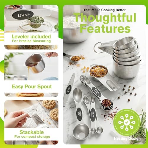 ChefAide Magnetic Measuring Cups & Spoons Set of 15 with Leveler