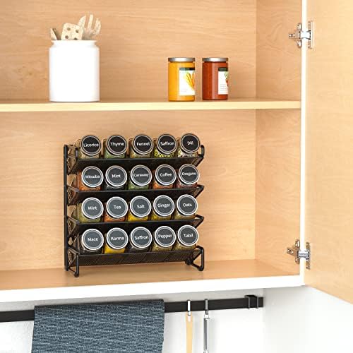 SpaceAid Spice Rack Organizer with 20 Spice Jars, 386 Spice Labels, Chalk Marker and Funnel Set for Cabinet, Countertop, Pantry, Cupboard or Door & Wall Mount - 20 Jars, 9.8" W × 10.8“H, Black