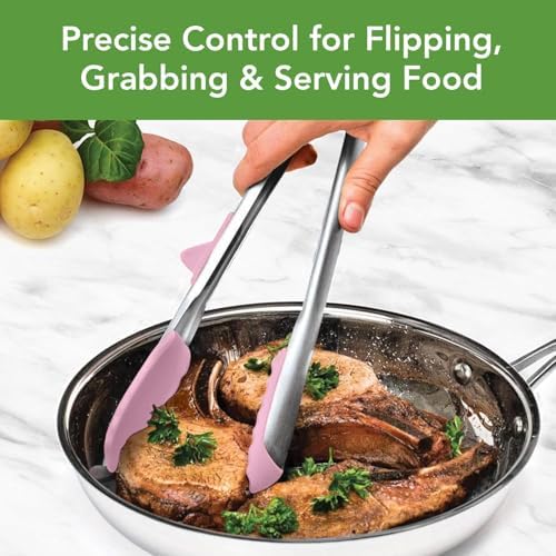 Tovolo Tongs With Silicone Tips Easy Grip 13" Long Kitchen Tongs Stainless Steel Handle For Cooking, Non Scratch Heat Resistant Locking Tongs Silicone Tipped Dishwasher Safe BPA Free, Pink Sorbet