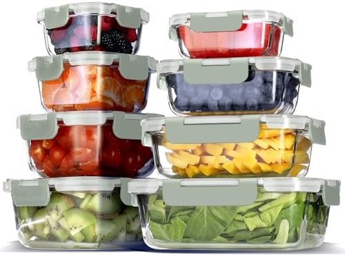 EATEX 16pc Glass Storage Containers with Lids, 8 Glass Food Storage Containers with 8 Airtight Lids for Pantry & Kitchen, Meal Prep Containers for Lunch, Oven Freezer Microwave & Dishwasher Safe