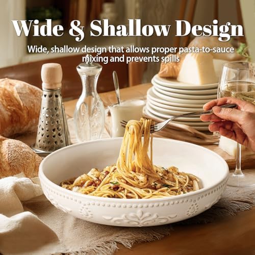 Artena Pasta Bowls, 50oz Large Salad Serving Bowls, 9.75'' Plates Bowls Set of 4, Big White Ceramic Soup Bowls for Kitchen, Embossment Shallow Dinner Bowl, Microwave Dishwasher Safe, Multiple Patterns