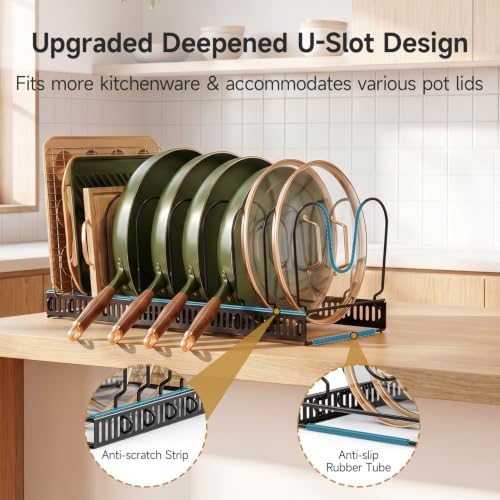 MUDEELA Pot Lid Organizer for Cabinet, Expandable Baking Pan Rack 10 Slots