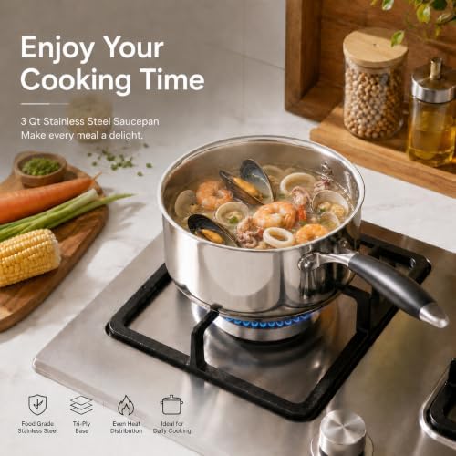 TeamFar Sauce Pan, 3 Quart Stainless Steel Saucepan with Lid