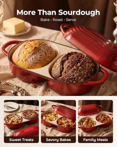 Mini Double Dutch Oven for Sourdough, Enameled Cast Iron Bread Pan, Red