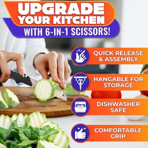 7-in-1 Cutting Board Scissors for Food with Ribbed Blades & Chopping Board