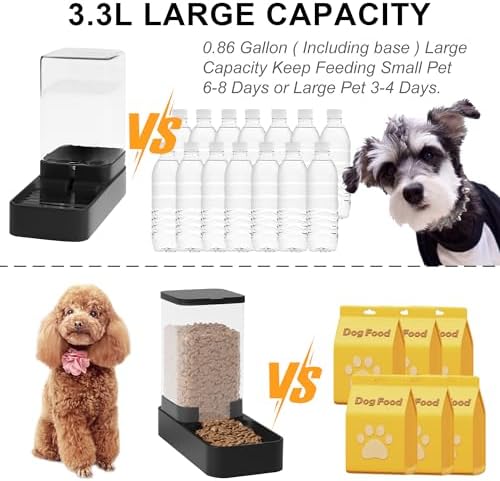 Automatic Cat Feeder and Water Dispenser in Set with Pet Food Bowl,Gravity Dog Waterer and Food Feeder for Small Medium Dog Cat Puppy Kitten Large Capacity(3.3L,Black)