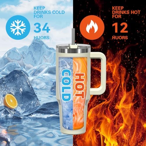 30 oz Tumbler with Handle,Tumbler with Lid and Straw,Double Wall Insulated Cup Stainless Steel Travel Mug(Cold for 34 Hours),Water Bottle for Iced Tea,Coffee,Cold Beverages(Cream White)