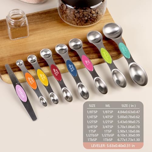 ChefAide Set of 8 Magnetic Measuring Spoons, Stainless Steel, Dual Sided