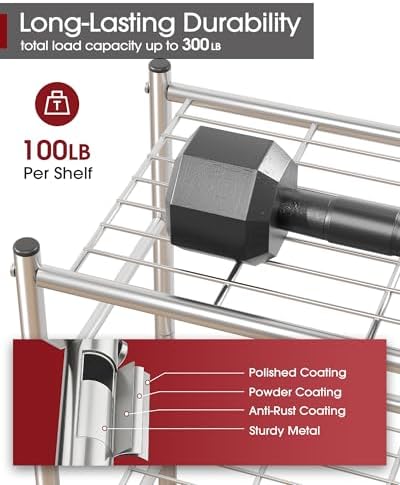 Sakugi 3-Tier Metal Storage Shelves Adjustable Feet, 18"x12"x30", Silver