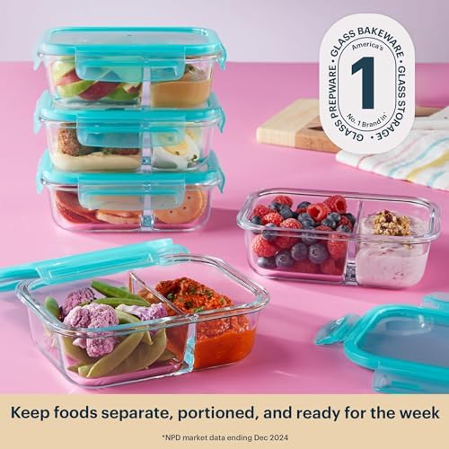 Pyrex Glass Meal Box (5-Pack, 2.3 Cup) Divided Compartments, Locking Lids