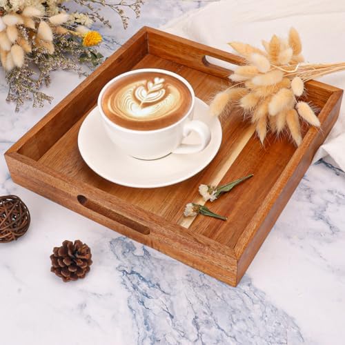 4 PCS Acacia Wood Serving Tray with Handles - 10 Inch Square Wooden Tray with Handles, Ideal as Breakfast, Coffee Table, Decorative, Serving(1.75 Inch Thickness)