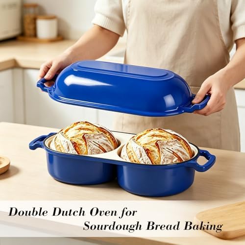Double Dutch Oven for Sourdough Bread Baking, Enameled Cast Iron Bread Pot with Lid, Double Round Loaf Space, 500F Oven Safe, Non Stick Mini Loaf Pans for Homemade Cake Meatloaf