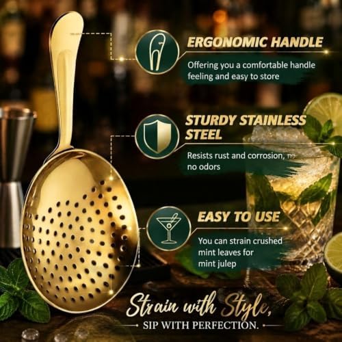 Boao 2 Pack Julep Strainers Stainless Steel Strainer Cocktail Spoon, Gold