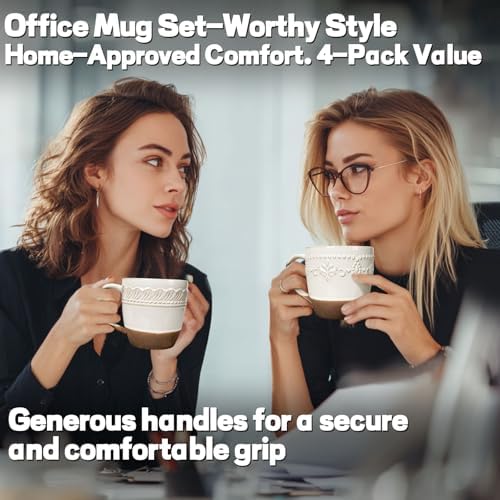 Artena Ceramic Coffee Mugs Set of 4, 16oz Embossed Large Latte Mugs Coffee Cups with Handle for Tea, Latte, Cappuccino & Cocoa, Milk Dishwasher & Microwave Safe, White (Multiple Patterns)