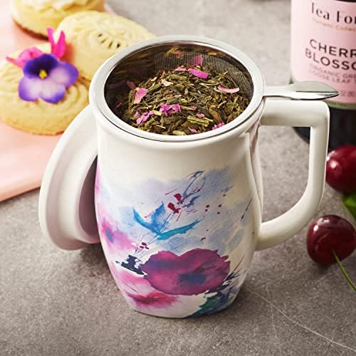 Tea Forte Ceramic Fiore Tea Cup with Infuser, Verbena Blossom, 14 oz