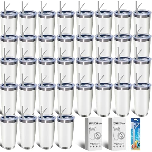 HAOLI 36 Pack Bulk 20oz Stainless Steel Tumblers, Lids & Straws, White