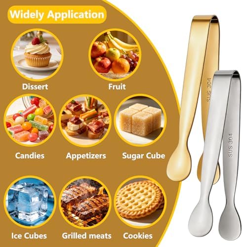 10pcs Mini Serving Tongs, 4.3" Stainless Steel Small Sugar Tongs, Ice Tongs Kitchen Mini Serving Tongs for Serving Food, Ice, Sugar Cube, Salad, Desserts, Coffee Bar, Tea Party, Desserts Party (Gold)