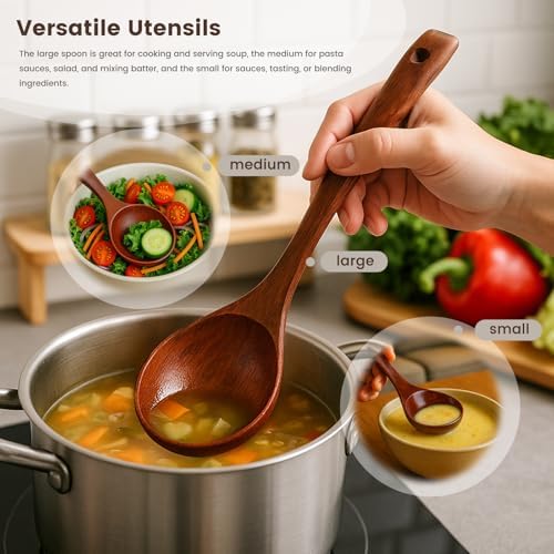 HANSGO Wooden Ladle for Soup, 3 Size Wooden Spoons for Deep Pot & Bowl, Heat Resistant Handles, Non-Stick Wood Kitchen Utensils Set for Cooking, Serving and Stirring Thick Stews, House Warming Gifts