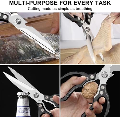 CGBE Kitchen Scissors All Purpose Heavy Duty, Ultra Sharp Stainless Steel Kitchen Shears Dishwasher Safe, Cooking Shears for Chicken, Poultry, Fish, Meat, Herbs & Grapes with Non-Slip Grips - Black