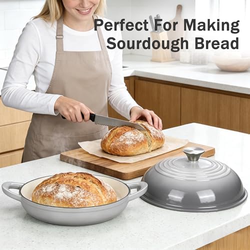 6QT Enameled Cast Iron Round Bread Oven, Sourdough Dutch Oven, Gray